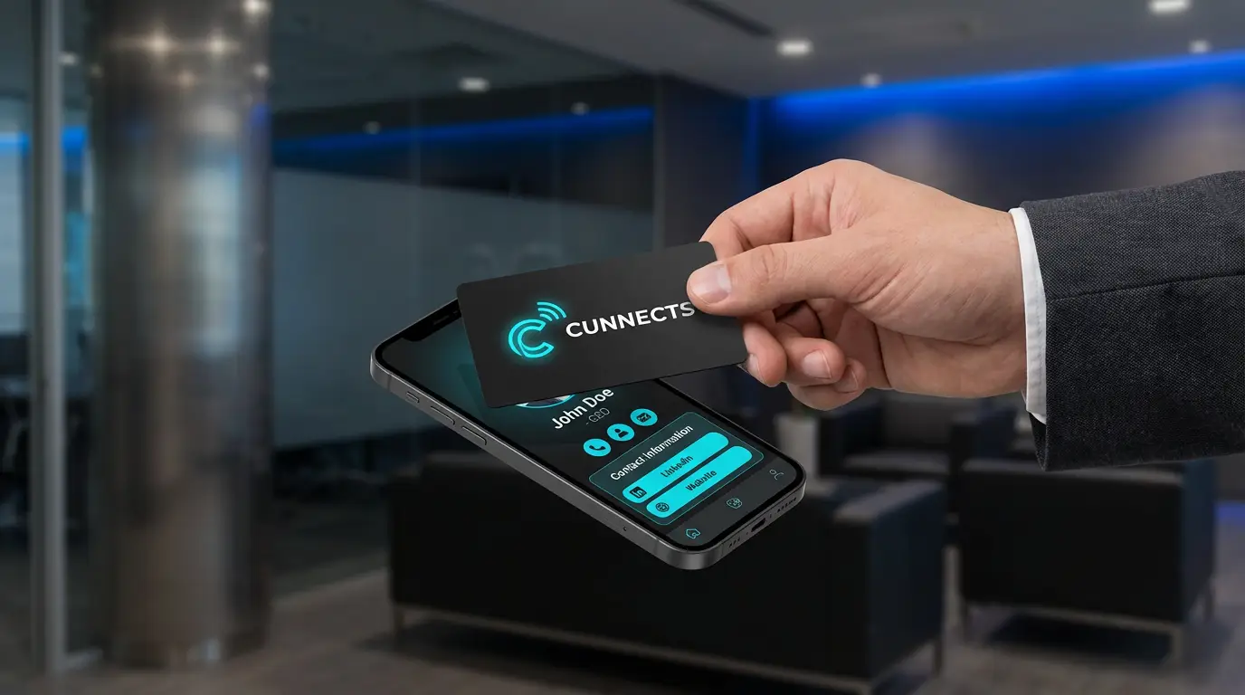 Profesional usando tarjeta NFC CUNNECTS para compartir su perfil digital